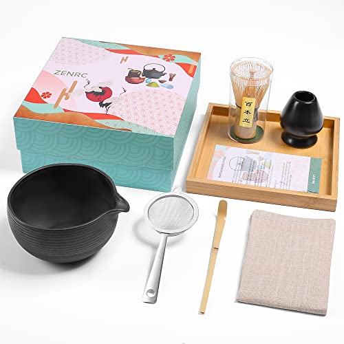 ZENRC Ceremony Matcha Kit - Traditional Bamboo Matcha Whisk (Chasen) Scoop Chawan Bowl with Pouring Spout Whisk Holder Sifter Tray- The Perfect Matcha Set (Charming Black, Set of 7) - Image 1