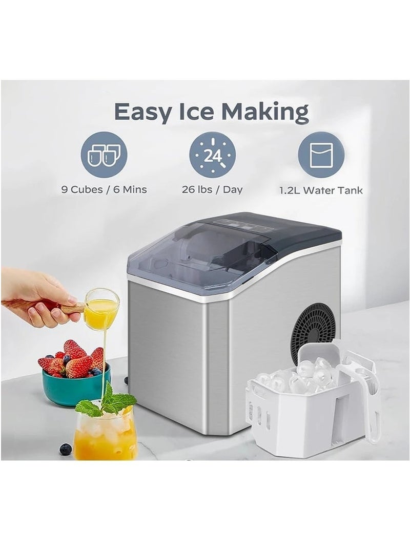 ميون صانعة ثلج على سطح الطاولة، صانعة ثلج ذاتية التنظيف مع مغرفة وسلة، 9 مكعبات في 6 دقائق، 15 كجم/24 ساعة، آلة ثلج صغيرة محمولة مع مغرفة وسلة للمطبخ المنزلي والمكتب والحفلات - Image 2