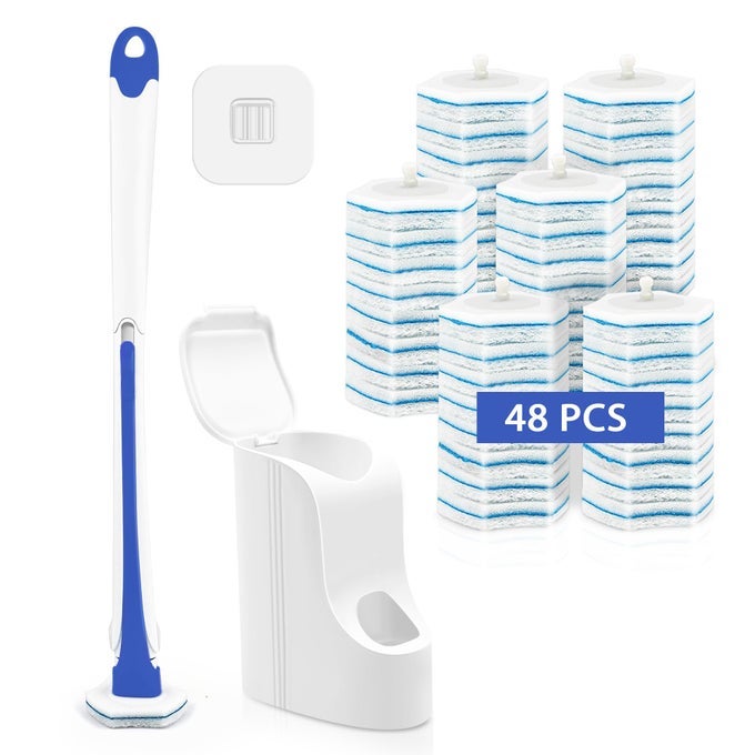 DISPOSABLE TOILET BRUSH AND HOLDER SET WITH 48 CLEANER REFILLS WALL MOUNTED BATHROOM BOWL CLEANING WAND SYSTEM FOR BATHTUB SINK WASH BASIN BLUE