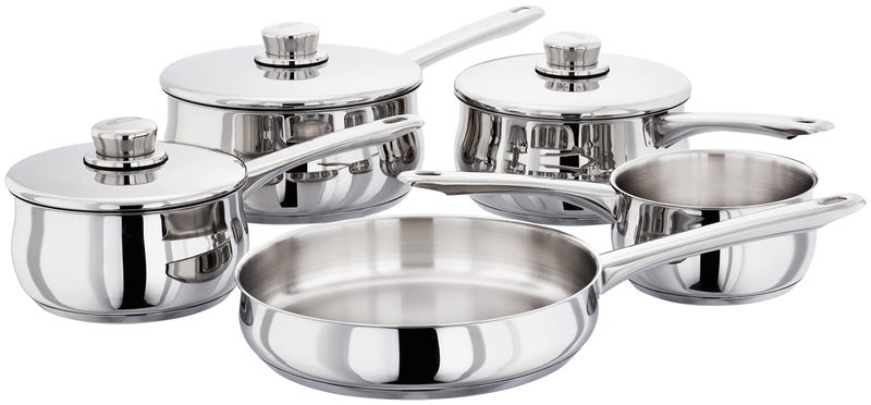 Stellar Classic Set of 5 Stainless Steel Pans 20cm 18cm 16cm Deep Saucepans Lids 24cm Frying Pan Milk Pan Induction Ready