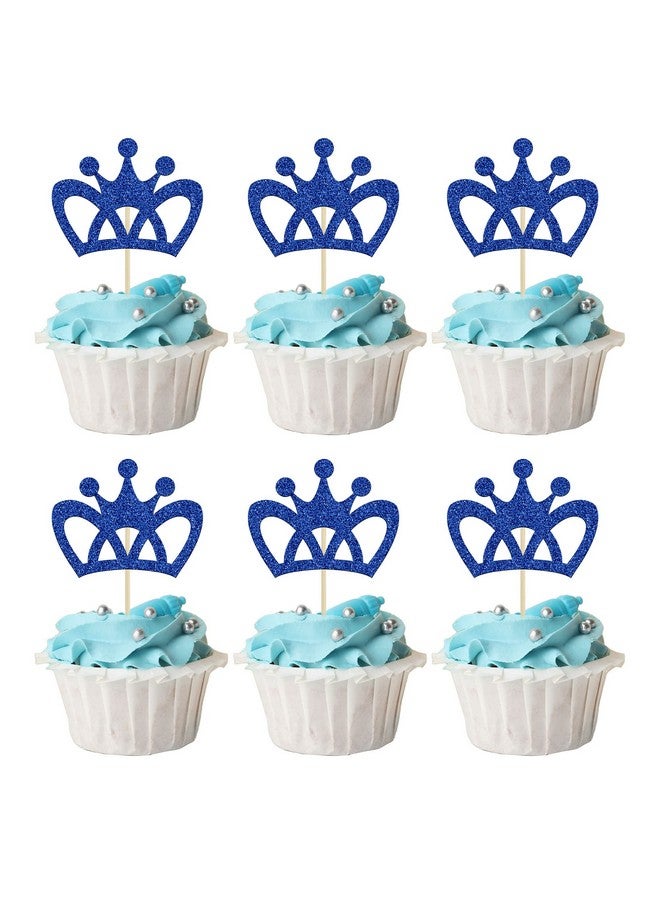 Ephlyn 24Pcs Crown Cupcake Toppers Blue Glitter King Crown Cupcake Picks for King Prince Theme Baby Shower boys Wedding Birthday Party Cake Decorations Supplies - Image 1