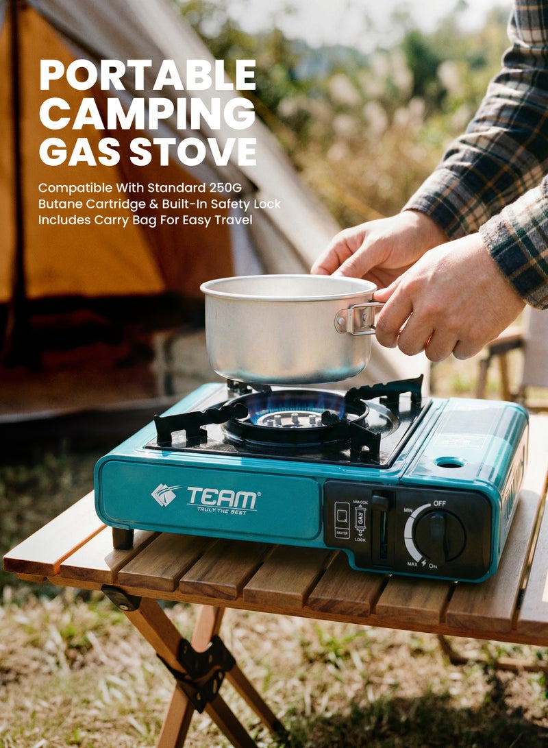 Team Portable Camping Gas Stove with Carry Bag – Butane 250g Cartridge Compatible, Cast Iron Burner, Piezo Ignition, Outdoor Cooking Stove for Camping, Hiking, Picnics & Emergency Use - Image 2