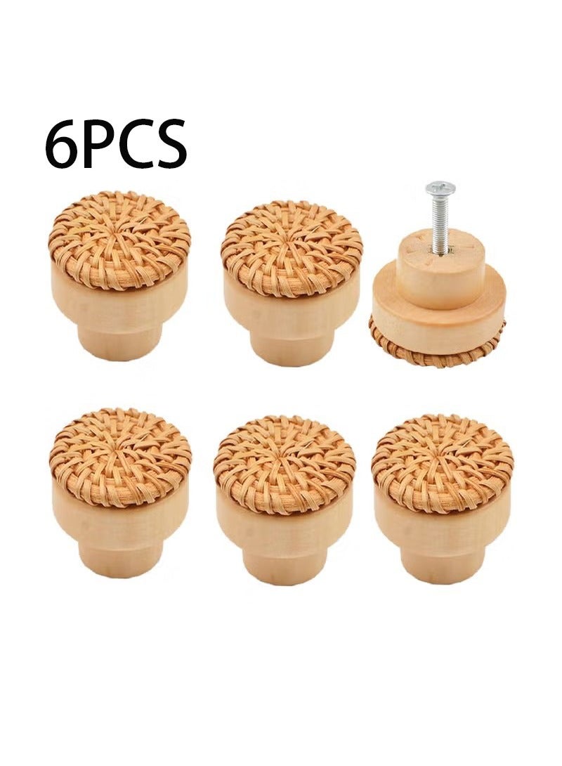 أخبار 6 حزمة بوهو راتان مقابض مقابض الخشب مستديرة خزائن يسحب مقابض درج منسوج مصنوعة يدويًا لأثاث الخزانات - Image 1