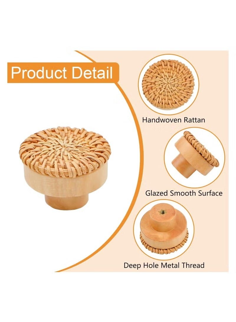 أخبار 6 حزمة بوهو راتان مقابض مقابض الخشب مستديرة خزائن يسحب مقابض درج منسوج مصنوعة يدويًا لأثاث الخزانات - Image 4