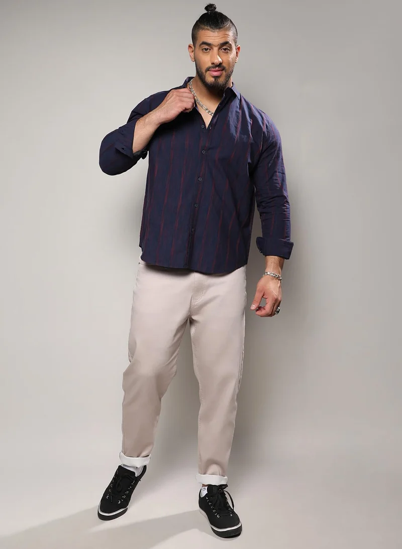 Instafab Plus Instafab Plus Men's Navy Blue & Red Ombre Striped Shirt For Casual Wear | Spread Collar | Long Sleeve | Button Closure | Cotton Shirt Crafted With Comfort Fit For Everyday Wear