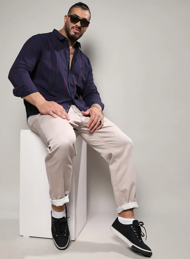 Instafab Plus Instafab Plus Men's Navy Blue & Red Ombre Striped Shirt For Casual Wear | Spread Collar | Long Sleeve | Button Closure | Cotton Shirt Crafted With Comfort Fit For Everyday Wear