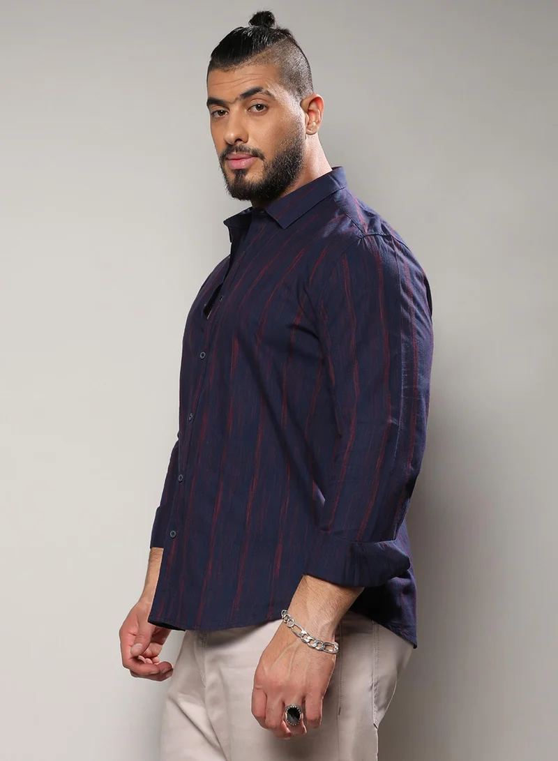 Instafab Plus Instafab Plus Men's Navy Blue & Red Ombre Striped Shirt For Casual Wear | Spread Collar | Long Sleeve | Button Closure | Cotton Shirt Crafted With Comfort Fit For Everyday Wear