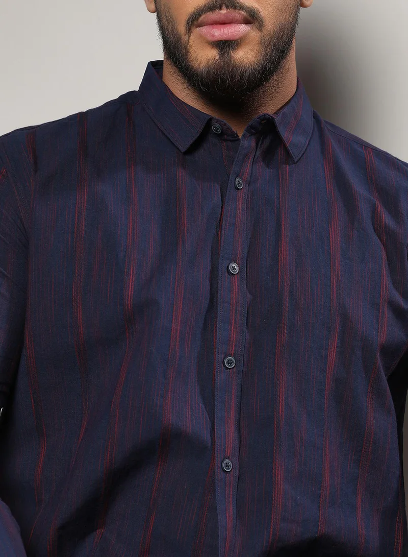 Instafab Plus Instafab Plus Men's Navy Blue & Red Ombre Striped Shirt For Casual Wear | Spread Collar | Long Sleeve | Button Closure | Cotton Shirt Crafted With Comfort Fit For Everyday Wear