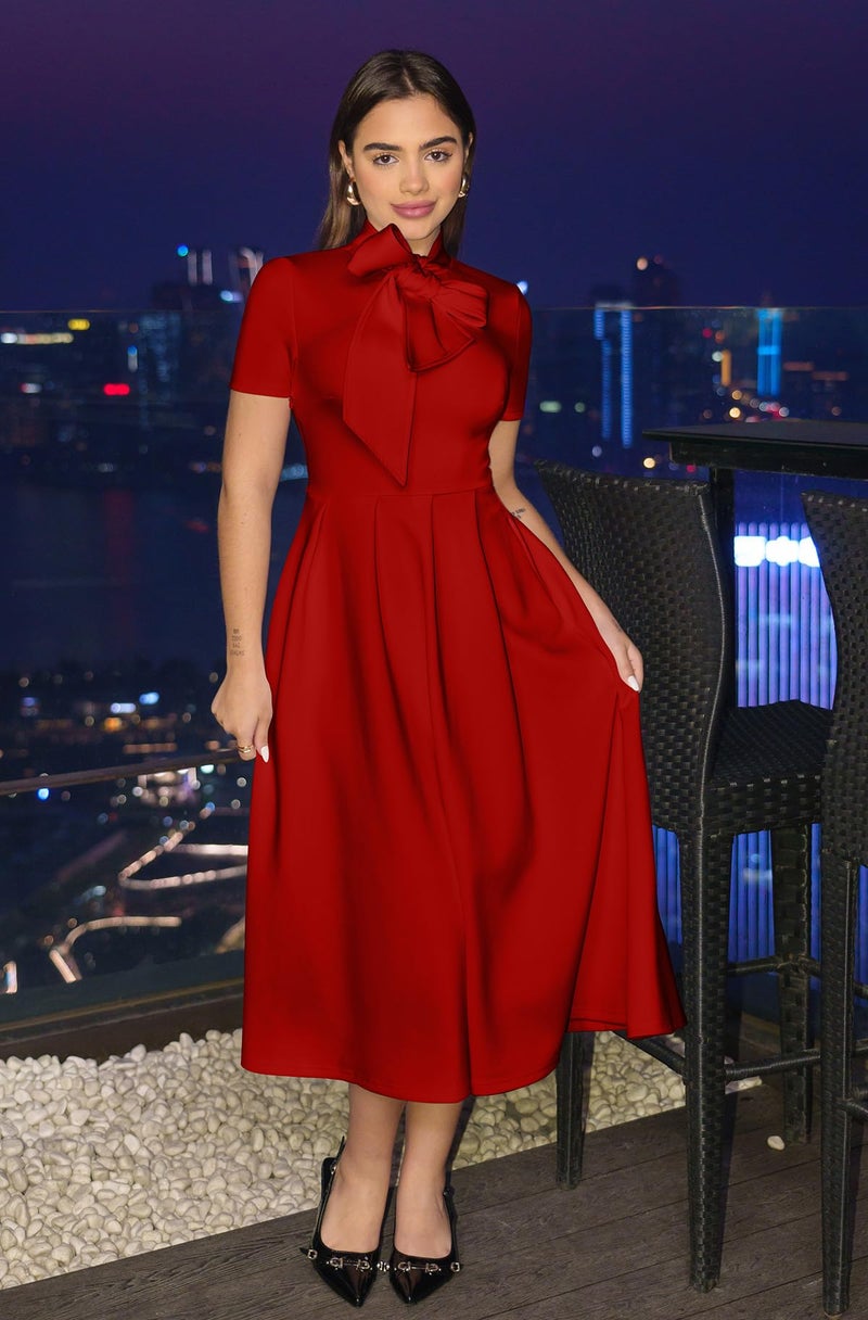 Memoriesea Women's Elegant Casual Short Sleeve Work Party A-Line Dress with Pockets Red - Image 3