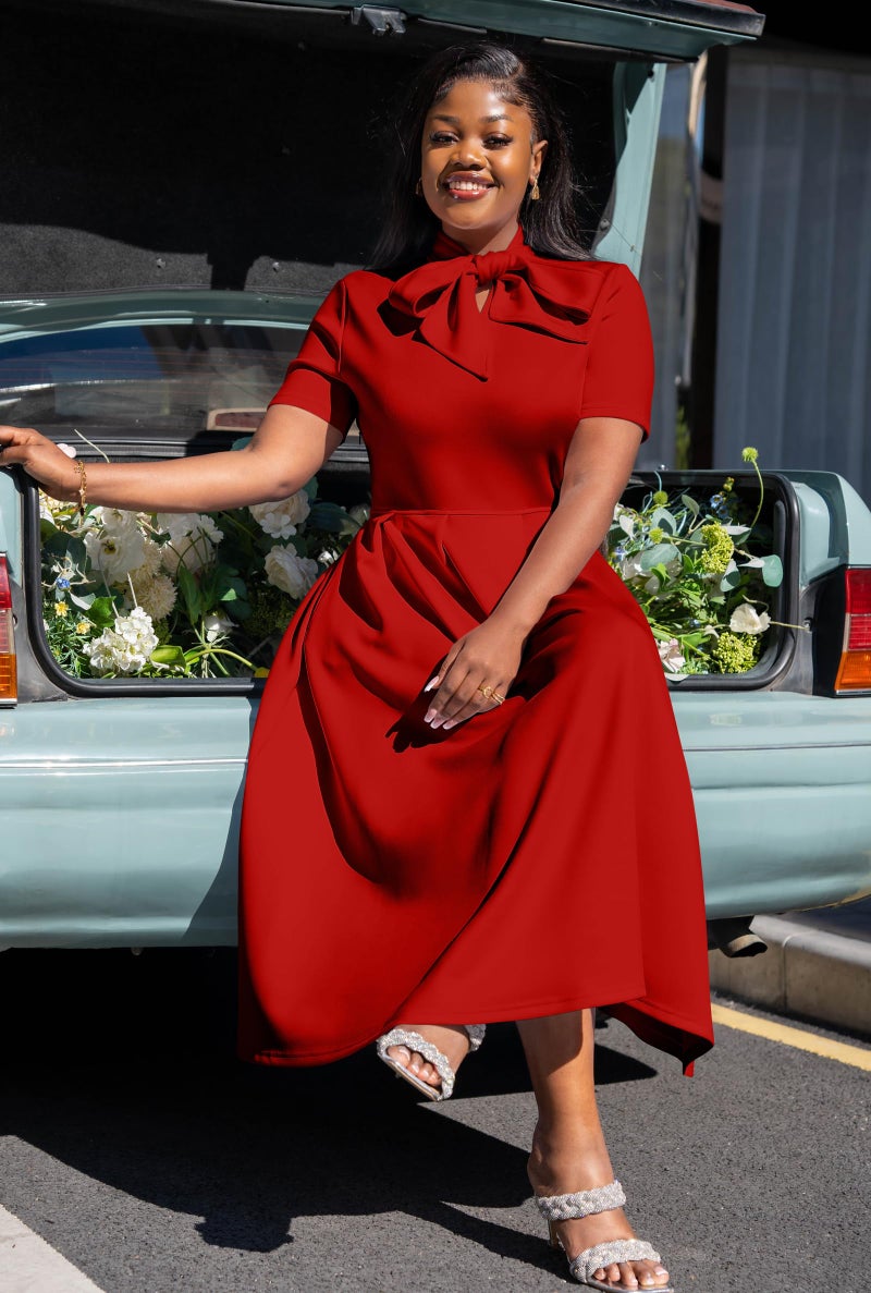 Memoriesea Women's Elegant Casual Short Sleeve Work Party A-Line Dress with Pockets Red - Image 4