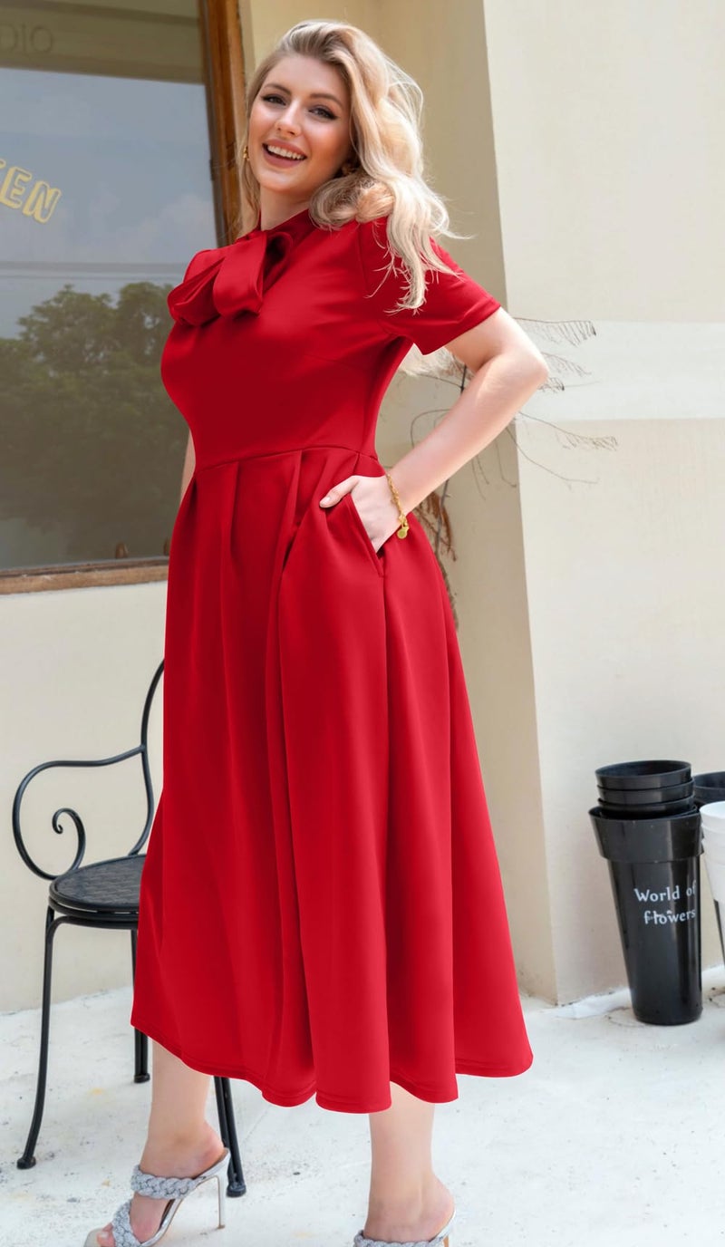 Memoriesea Women's Elegant Casual Short Sleeve Work Party A-Line Dress with Pockets Red - Image 5
