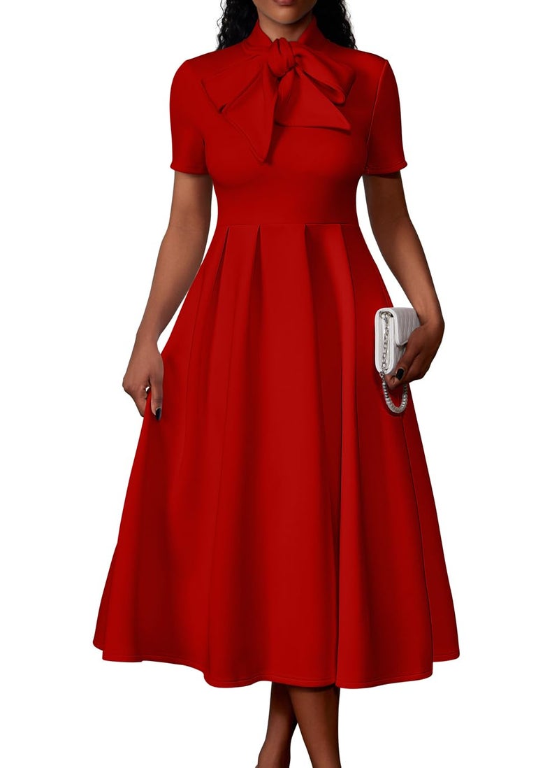Memoriesea Women's Elegant Casual Short Sleeve Work Party A-Line Dress with Pockets Red - Image 1