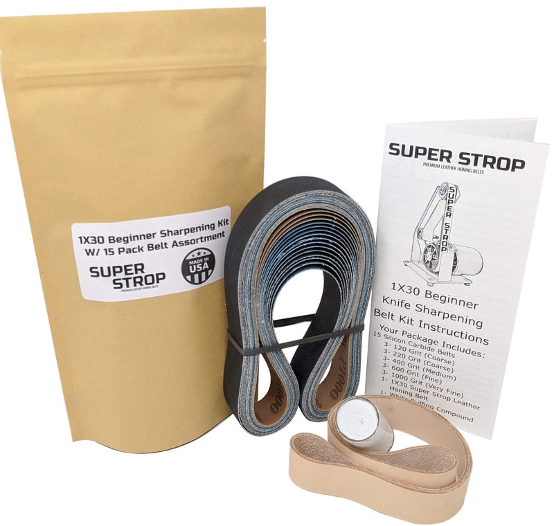 1X30 Super Strop Beginner Knife Sharpening Kit With 15 Pack Sanding Assortment and Leather Honing Belt  Detailed Instructions Included