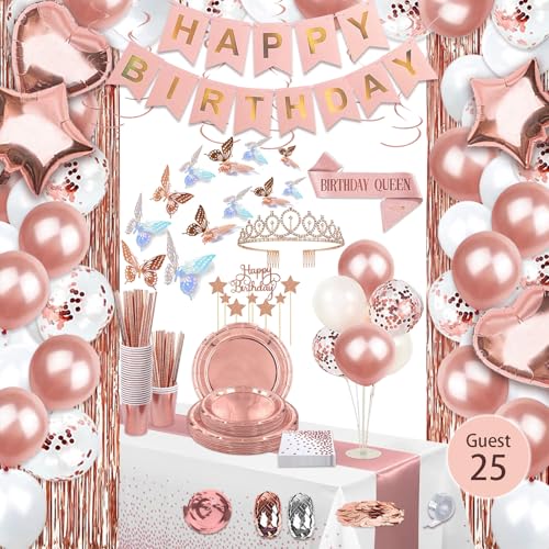 UJoyant 236 Pcs Birthday Decorations For Women Rose Gold Party Decorations Kit For Girls Or Women Butterfly Hanging Swirl Balloon Stand Sash Tiara Banner Balloon Tableware For 25 Guest - Image 1