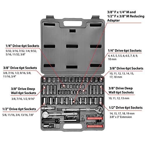 Performance Tool W1198 SAE/Metric 100-Piece Socket (1/4-Inch, 3/8-Inch & 1/2-Inch Drive) and Bit Set - Image 4