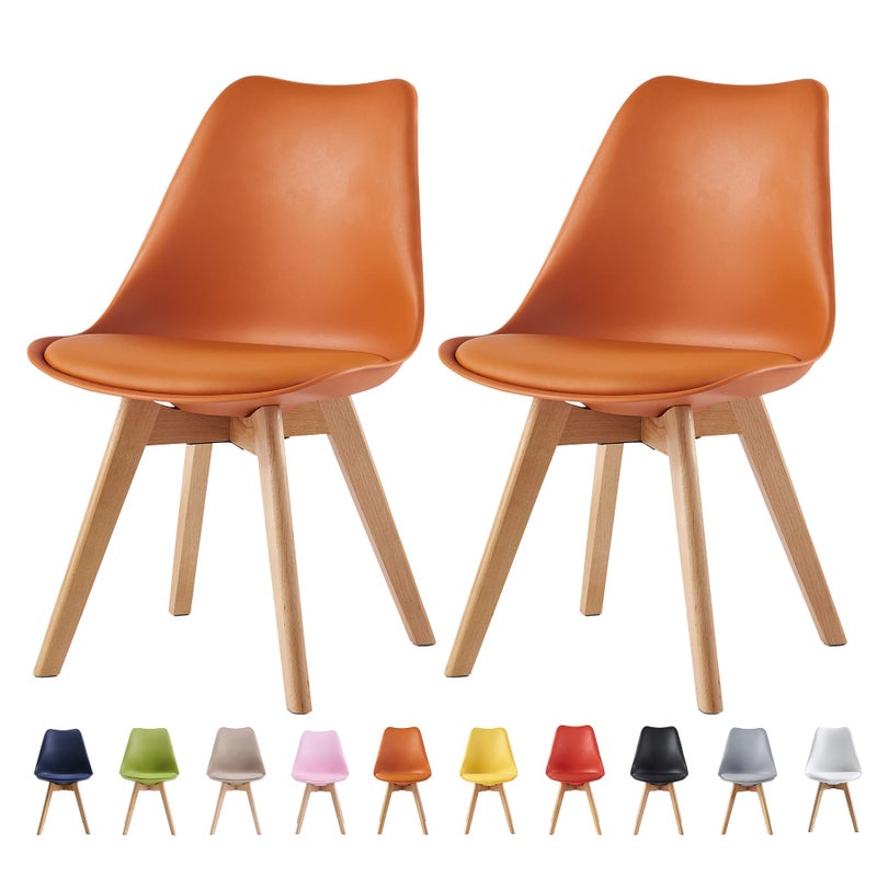 mcc direct Set of 2 Dining Chairs Wooden Legs Soft Cushion Pad Stylish DELUXE Retro Lounge Dining Office EVA Orange