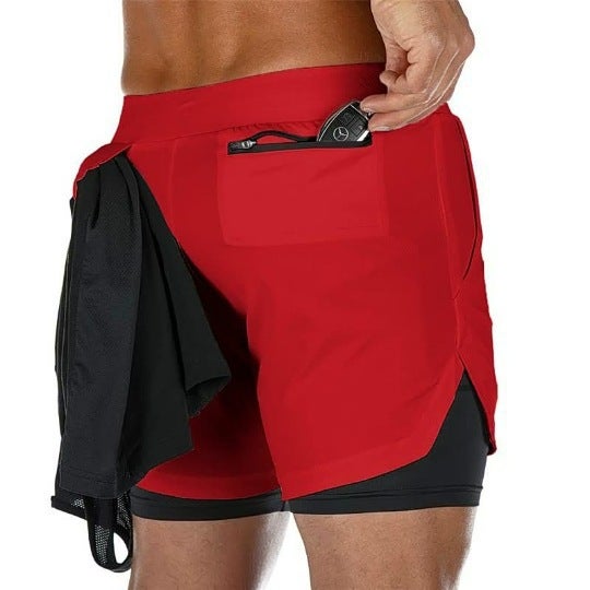 2024 Hot Selling Cross-Border Fitness Muscle Mens Sports Shorts Double Layer Running Training Sports Outdoor Casual Pants Dk-858 red  - Image 1