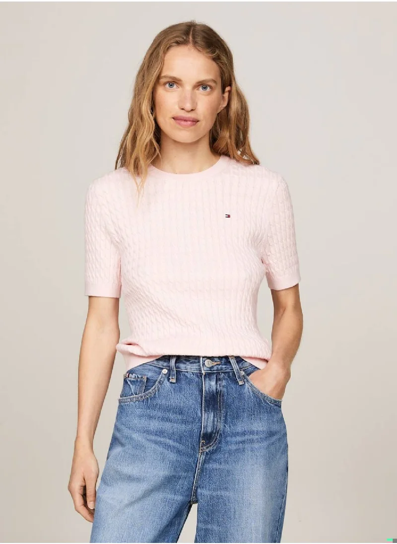 TOMMY HILFIGER Women's Cable Knit Short Sleeve Jumper -  Pure organic cotton, Pink