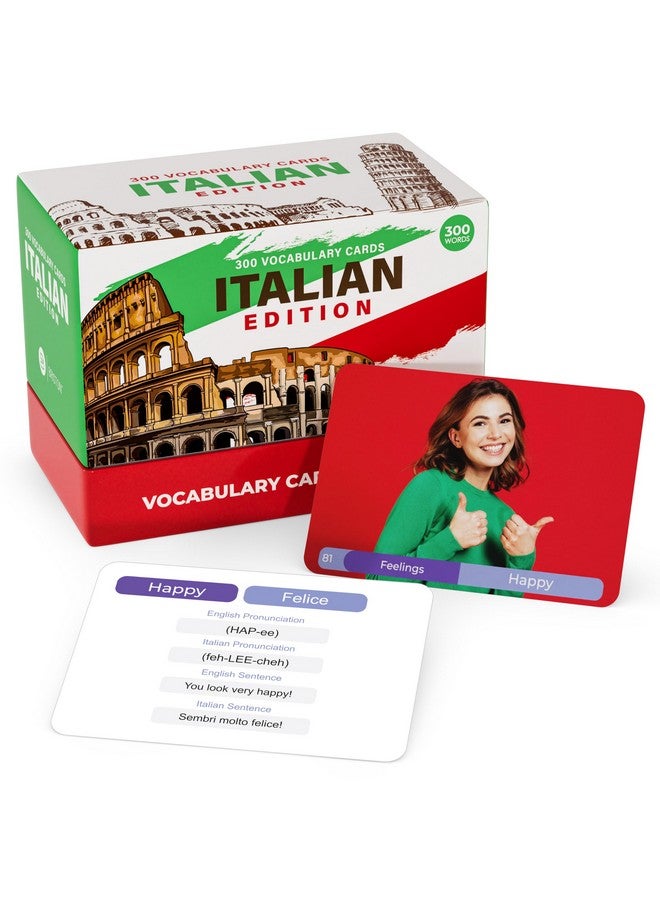 Briston Italian Vocabulary 300 Flash Cards - Beginner Vocab with Pictures - Memory & Sight Words - Educational Language Learning - Game Like Play - Kids, Grade School, Classroom, Homeschool - Briston Brand  - Image 1