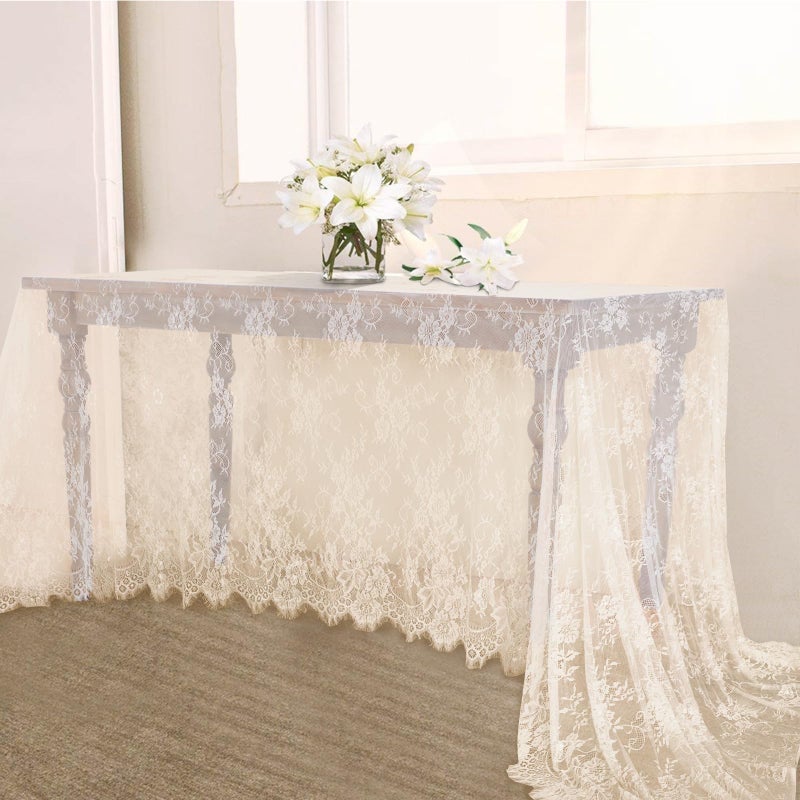 B.Cool B-COOL Ivory Lace Tablecloth 60 X120 Inches Rectangle Vintage Embroidered Bridal Wedding Tablecloths Sheer Overlay for Rustic Outdoor Party Reception Home Decor - Image 1