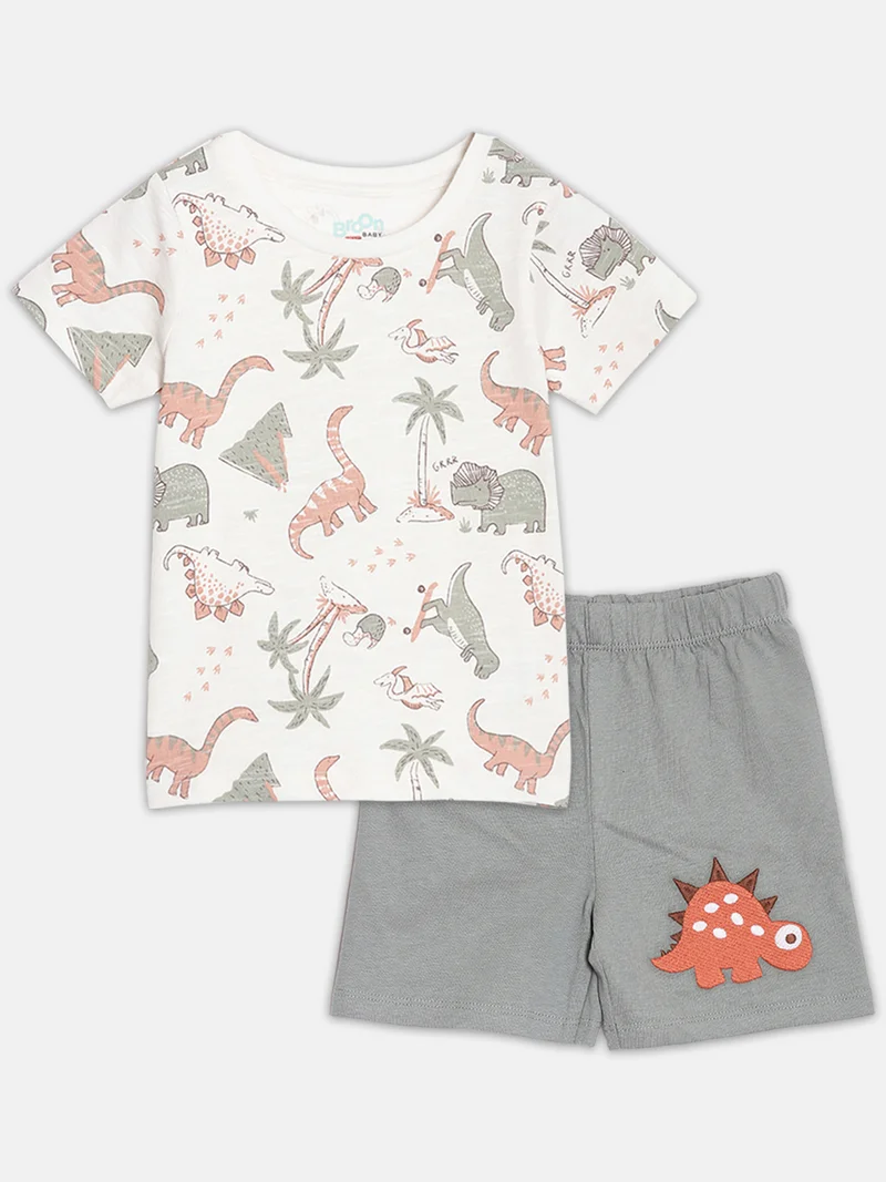 Broon Broon Infant Boys White and Grey Printed Organic Cotton T-shirt with Shorts Set