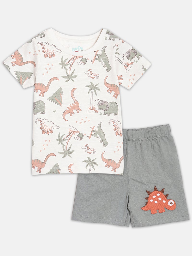 Broon Infant Boys White and Grey Printed Organic Cotton T-shirt with Shorts Set - Image 1