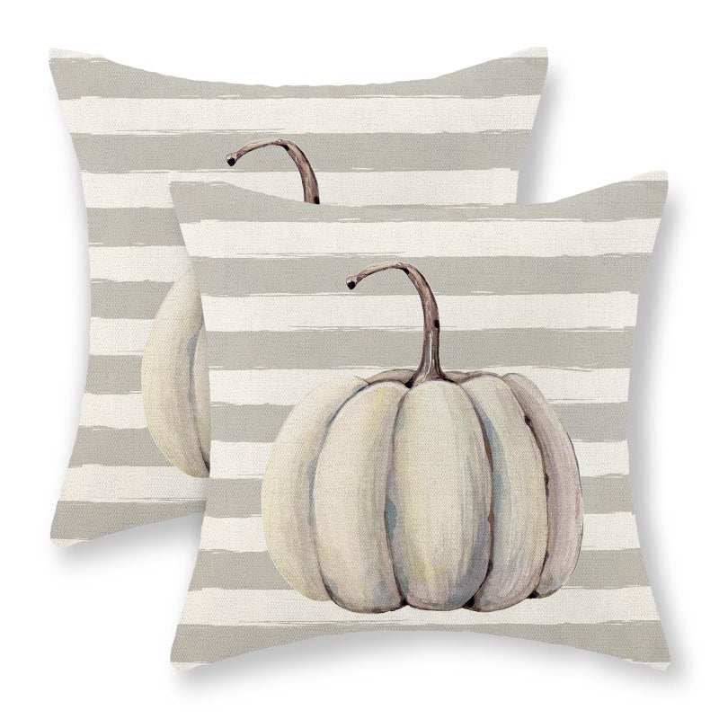 AEIOAE Fall Pillow Covers 20x20 Inch Set of 2 Grey Pumpkin Throw Pillows Case Gray Stripes Autumn Outdoor Decorative Square Linen Farmhouse Harvest Decor Cushion Covers for Home Sofa Bed Couch - Image 1