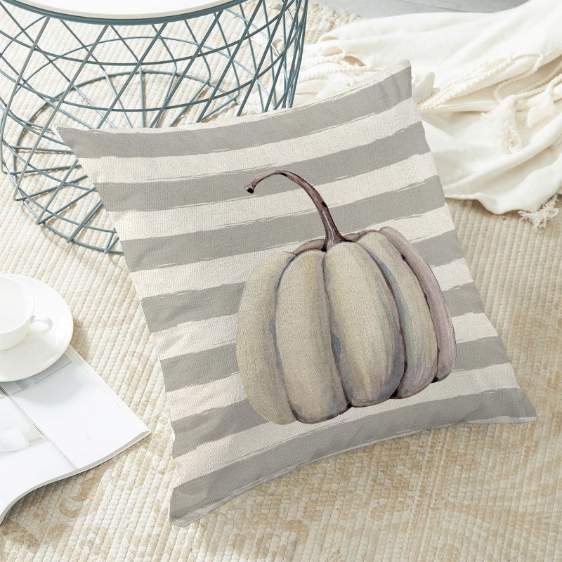 AEIOAE Fall Pillow Covers 20x20 Inch Set of 2 Grey Pumpkin Throw Pillows Case Gray Stripes Autumn Outdoor Decorative Square Linen Farmhouse Harvest Decor Cushion Covers for Home Sofa Bed Couch - Image 4