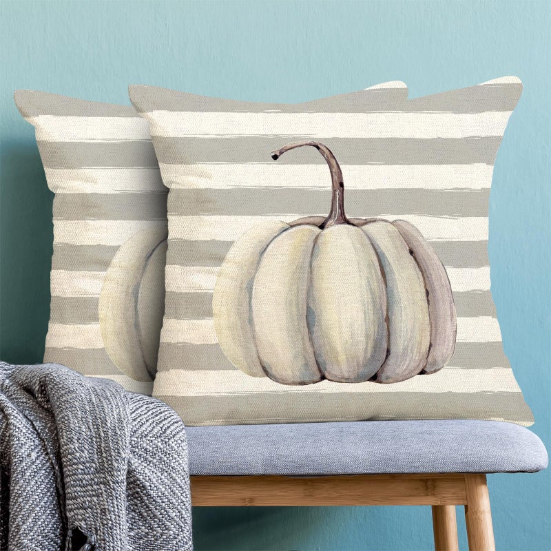 AEIOAE Fall Pillow Covers 20x20 Inch Set of 2 Grey Pumpkin Throw Pillows Case Gray Stripes Autumn Outdoor Decorative Square Linen Farmhouse Harvest Decor Cushion Covers for Home Sofa Bed Couch - Image 2