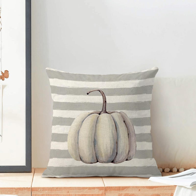 AEIOAE Fall Pillow Covers 20x20 Inch Set of 2 Grey Pumpkin Throw Pillows Case Gray Stripes Autumn Outdoor Decorative Square Linen Farmhouse Harvest Decor Cushion Covers for Home Sofa Bed Couch - Image 3