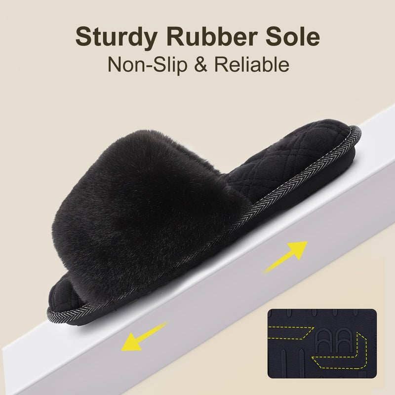 LongBay Women's Open Toe Slippers Fuzzy Fluffy Memory Foam Comfy Slip On Indoor Bedroom Home Slide (Large/ 9-10, Black) - Image 5