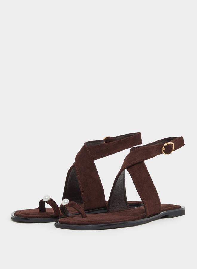 Styli Coffee Brown Ankle Strap Flat Sandals - Image 2