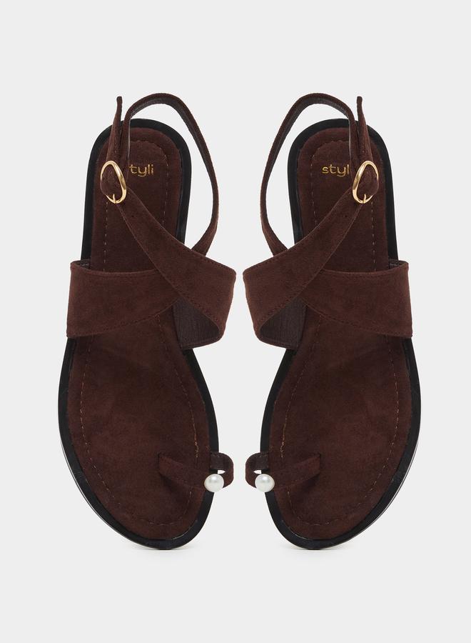 Styli Coffee Brown Ankle Strap Flat Sandals - Image 5