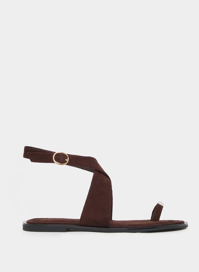 Styli Coffee Brown Ankle Strap Flat Sandals - Image 1