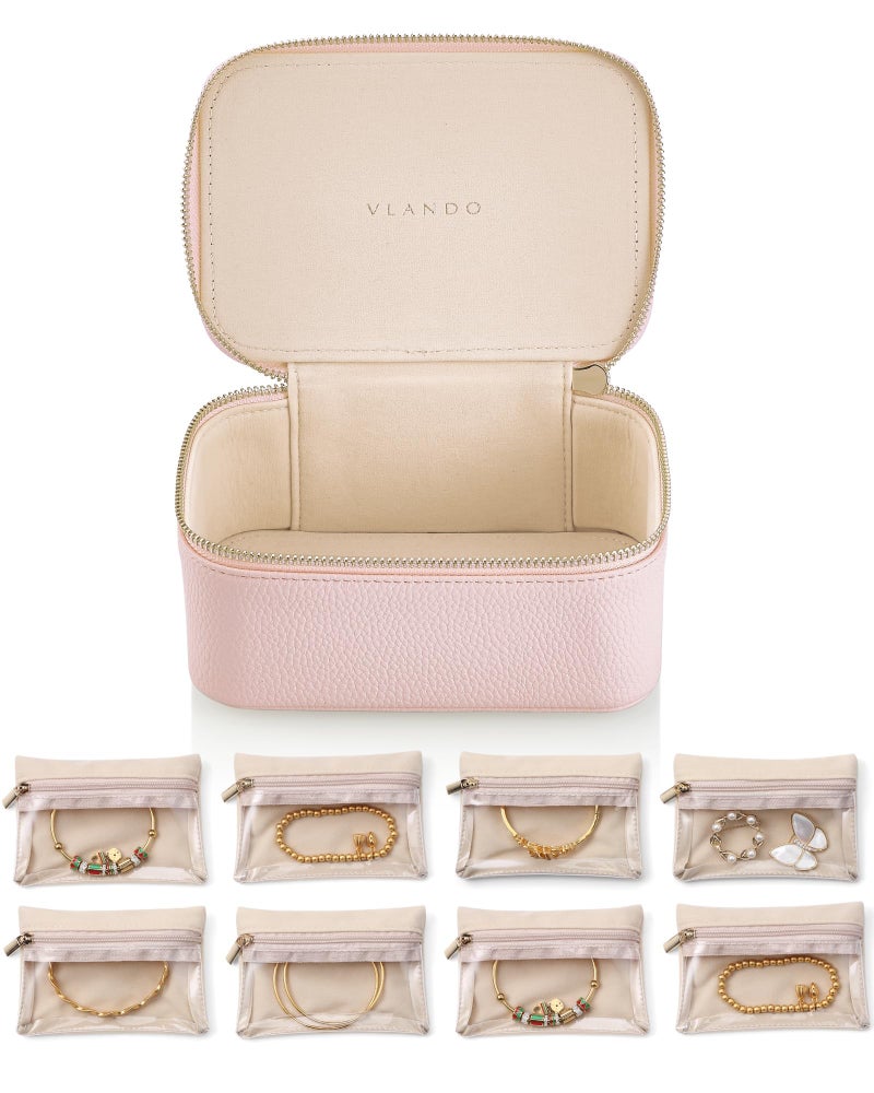 VLANDO Jewelry Travel CaseGifts for WomenTravel Jewelry Organizer with Clear Velvet Jewelry Bags 8Pcs Zipper Pouch for Women Girl GiftPink - Image 2