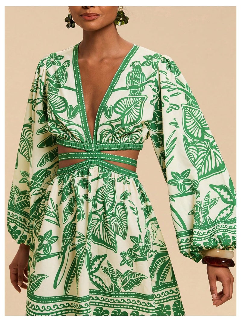 Floerns Women's Tropical Bishop Sleeve Mini Dress Cut Out Tie Back V Neck Beach A Line Dresses Green X-Large - Image 4