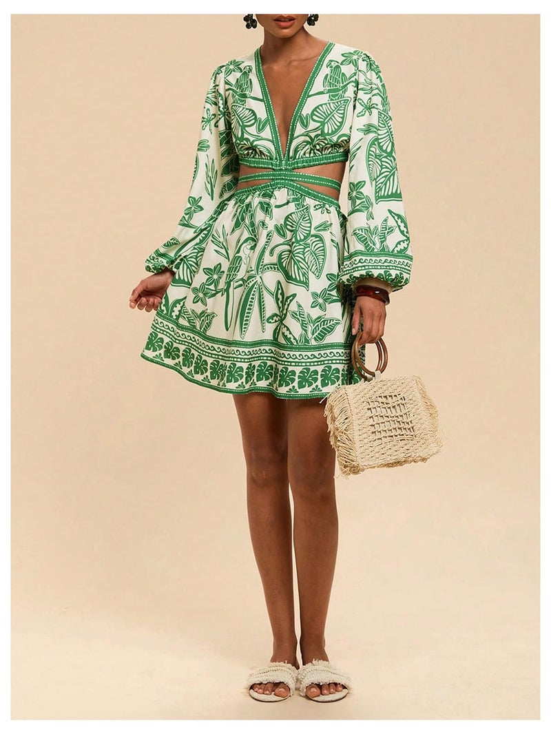 Floerns Women's Tropical Bishop Sleeve Mini Dress Cut Out Tie Back V Neck Beach A Line Dresses Green X-Large - Image 5