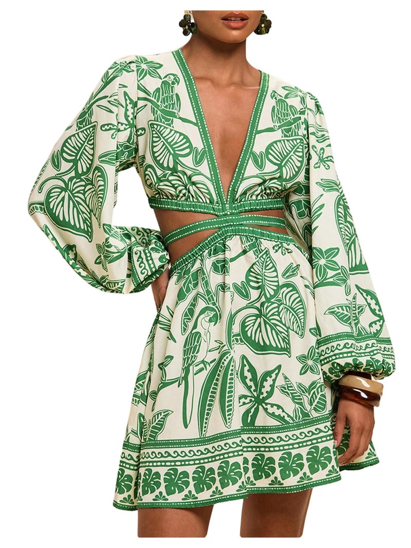 Floerns Women's Tropical Bishop Sleeve Mini Dress Cut Out Tie Back V Neck Beach A Line Dresses Green X-Large - Image 1