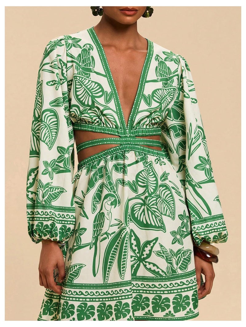 Floerns Women's Tropical Bishop Sleeve Mini Dress Cut Out Tie Back V Neck Beach A Line Dresses Green X-Large - Image 2