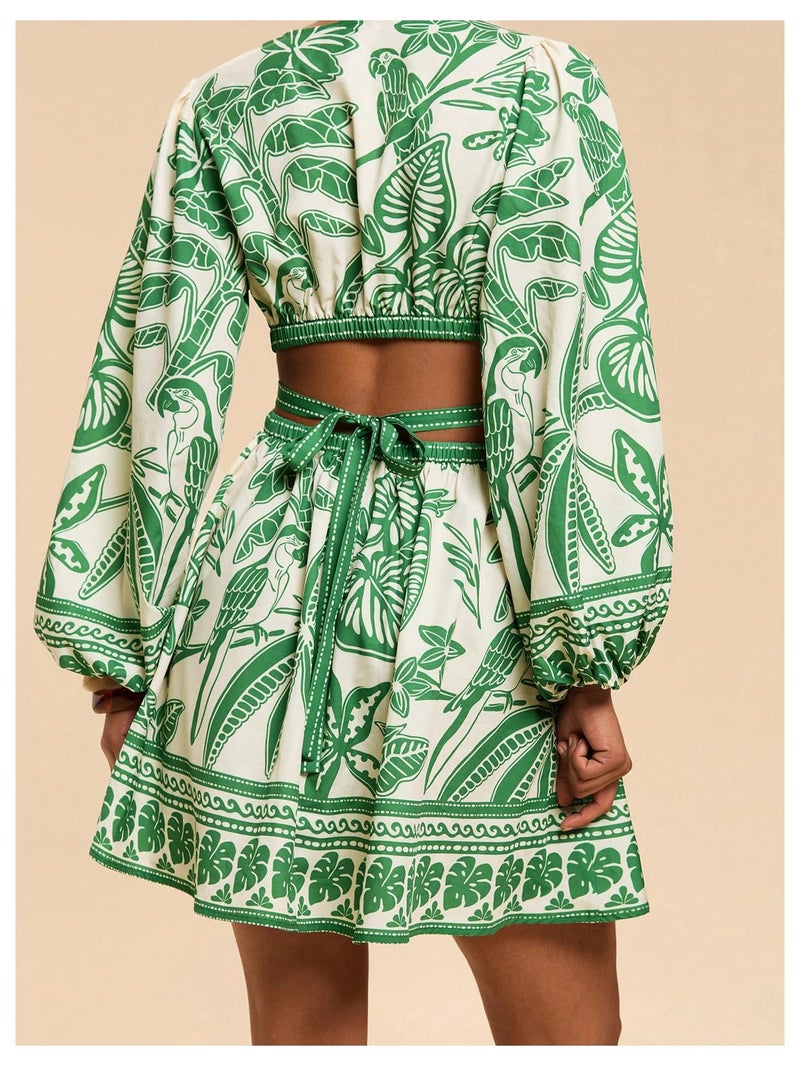 Floerns Women's Tropical Bishop Sleeve Mini Dress Cut Out Tie Back V Neck Beach A Line Dresses Green X-Large - Image 3