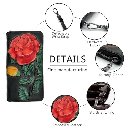 SHARPAD Wallet Genuine Leather for Women - with RFID Blocking Card checkbook ID Slot Large Capacity Vintage style (big rose black) - Image 4