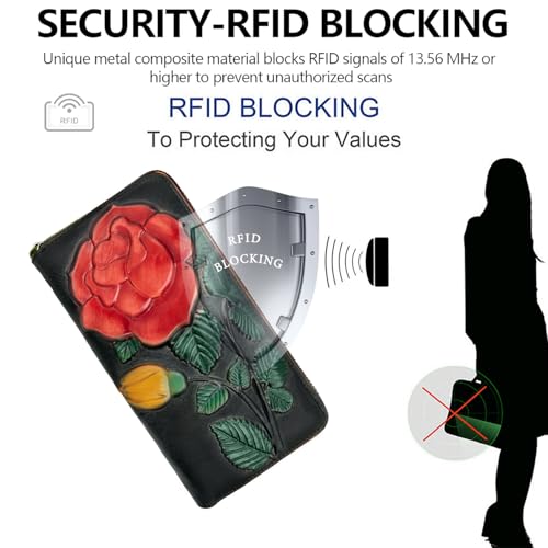 SHARPAD Wallet Genuine Leather for Women - with RFID Blocking Card checkbook ID Slot Large Capacity Vintage style (big rose black) - Image 2