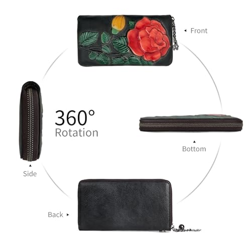 SHARPAD Wallet Genuine Leather for Women - with RFID Blocking Card checkbook ID Slot Large Capacity Vintage style (big rose black) - Image 5
