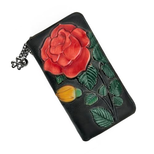 SHARPAD Wallet Genuine Leather for Women - with RFID Blocking Card checkbook ID Slot Large Capacity Vintage style (big rose black) - Image 1