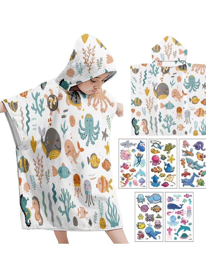 Kids Hooded Towel for Boys and Girls Soft and Absorbent Beach Towel with Underwater World Tattoo Stickers 75*65cm Soft Cotton Terry Hooded Towel Microfiber Absorbent Soft Bath Towel Whale - Image 1