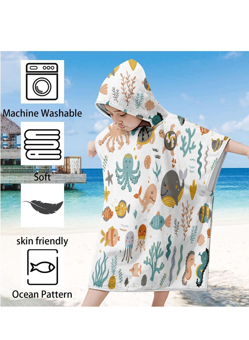 Kids Hooded Towel for Boys and Girls Soft and Absorbent Beach Towel with Underwater World Tattoo Stickers 75*65cm Soft Cotton Terry Hooded Towel Microfiber Absorbent Soft Bath Towel Whale - Image 4
