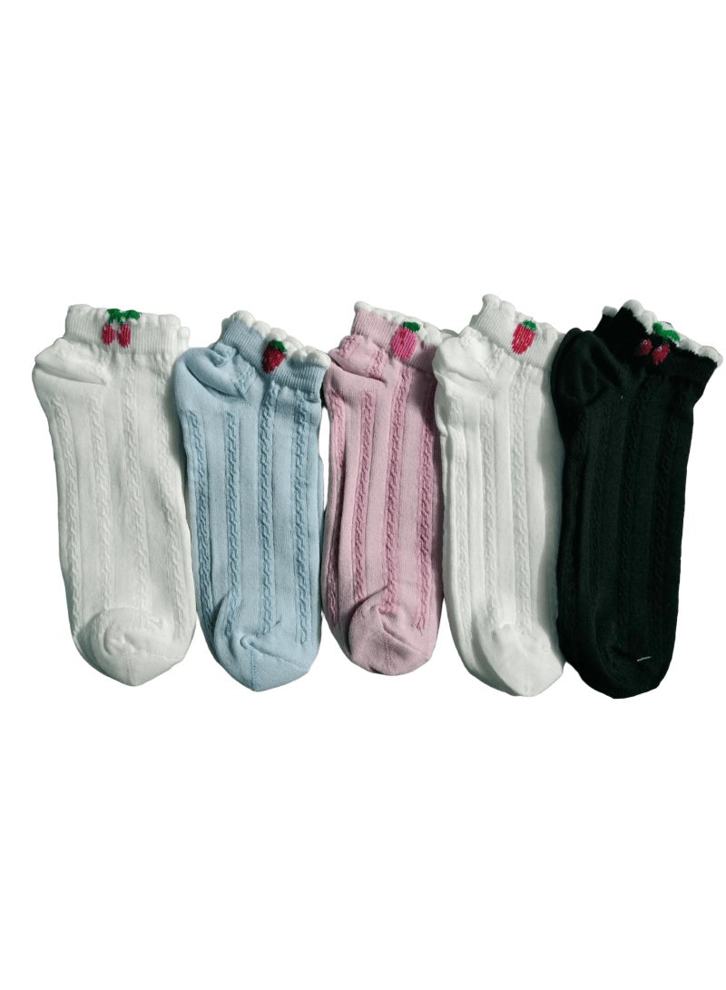 "SMARTEDGE Girls' strawberry print ankle socks, summer short socks, ankle-length, very stylish, set of 6 pairs in assorted colors. Trendy design."