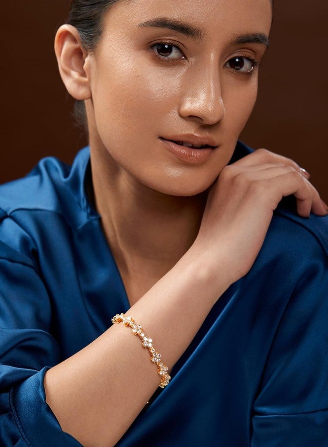 MINUTIAE Adjustable Stylish Flower Cut Studded Cubic Zirconia Diamond Bracelet for Women & Girls (Gold) - Image 5