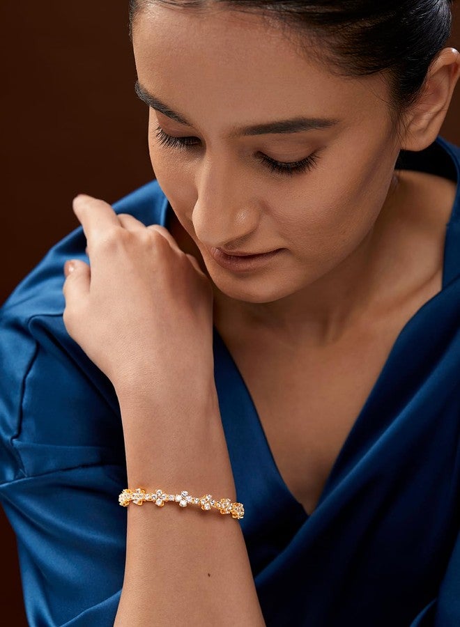 MINUTIAE Adjustable Stylish Flower Cut Studded Cubic Zirconia Diamond Bracelet for Women & Girls (Gold) - Image 3