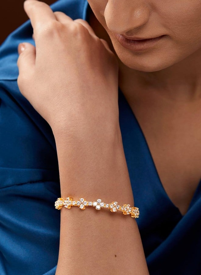 MINUTIAE Adjustable Stylish Flower Cut Studded Cubic Zirconia Diamond Bracelet for Women & Girls (Gold) - Image 4